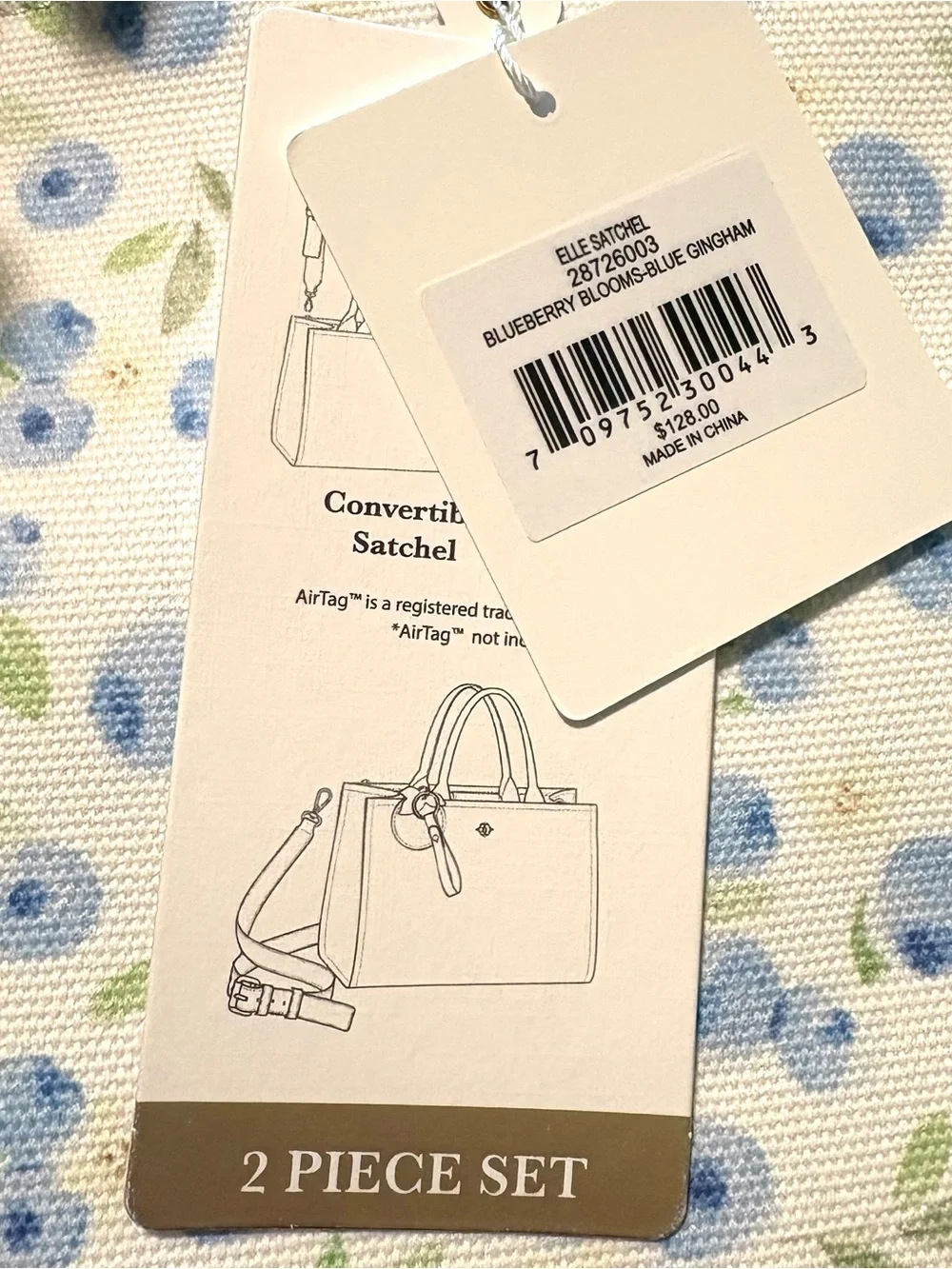 Nanette Lepore Elle Satchel Blueberry Blooms Gingham Tote & Airtag Holder NWT